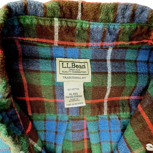 LL Bean Men’s Scotch Plaid Flannel Shirt Sz XL 228061 100% Cotton Green Blue - Picture 5 of 5